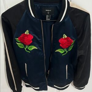 Forever 21 Black and Blue Bomber Jacket with Red Rose Embroidery